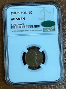 1909 S VDB 1c Lincoln Wheat Cent Penny NGC AU58BN CAC - Key Date, Green Sticker - Picture 1 of 10