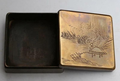 Antigua caja tinta caligrafía pintura paisaje paisaje tallado en cobre china colección Foto 1 de 4