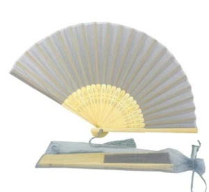 Hand Fan Silver Grey Silky Feel Bamboo Ribs Organza Bag Wedding Party Favour - Picture 1 of 11