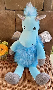 Holiday Time Blue Plush Dragon 19" Fluffy Soft New with Tag Silver Wings ❤️ - Picture 1 of 6