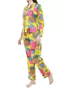 Women's Yellow Sleepwear Fruit Print Pure Cotton Indian Ethnic Top-Pajama set - Picture 1 of 5