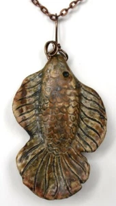 Hand Made Sculpted Stoneware Pottery Female Beta Fish Pendant Necklace OOAK - Picture 1 of 2
