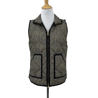 J Crew Down Vest Womens XS Extra Small Black Herringbone Full Zip Quilted Puffer - Image 1 of 4