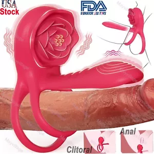 Vibrating Cock Ring Penis Sleeve With Rose Clit Stimulator Sex Toy for Men Women - Picture 1 of 14