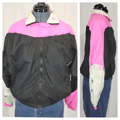 Vintage Puma Windbreaker in Hot Pink & Black with White Pattern Accents Sz MED - Image 1 of 4