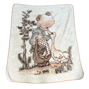 VTG Precious Moments Blanket Girl With Goose Duck Cream Beige - Picture 1 of 3