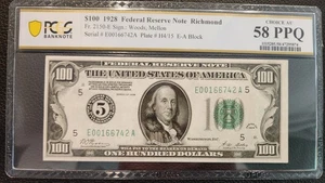 $100 1928 FEDERAL RESERVE NOTE RICHMOND FR#2150-E PCGS 58 PPQ - Picture 1 of 5