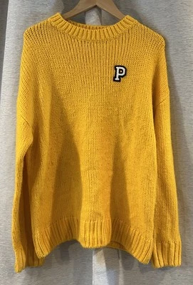 VICTORIA'S SECRET PINK Sweater M Yellow Chunky Knit Boyfriend Pullover Varsity - Изображение 1 из 4