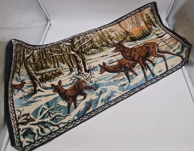 Vtg. 70s Velvet Tapestry Wall Hanging Winter Forest W/Deer Scene. 39x19. D2349 - Image 1 of 4