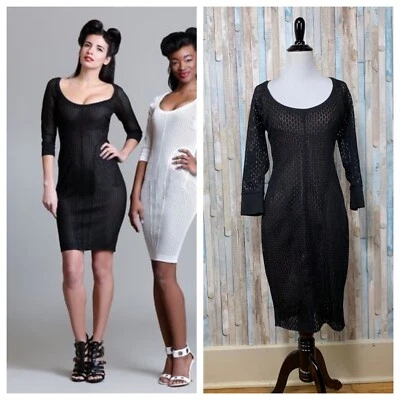 Byron Lars Beauty Mark 6 Black Perforated Mesh Ponte Knit Fitted Sheath Dress - Image 1 of 4