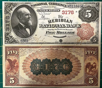 Reproduction Copy 1882 $5 Meridian National Bank Meridian Mississippi Brown Back - Image 1 of 4