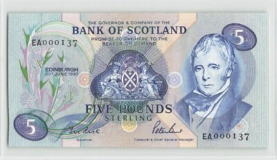 ESCOCIA 5 libras 1990, P-116a Banco de Escocia, EA 000137 1er prefijo, original UNC. Foto 1 de 2