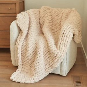 Beige Extra Soft Chunky Knit Blanket Throw, 100% Hand Knit with Chenille Yarn, S - Picture 1 of 7