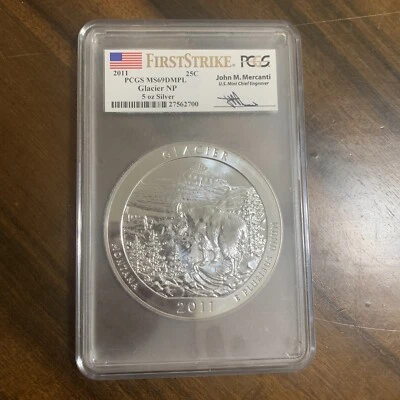 2011 25C First Strike Glacier NP PCGS MS69DMPL 5oz Silver Signed By Mercanti - Image 1 of 2