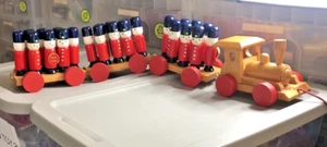 Vintage Tofa Toy Train w 3 Cars & 24 Hand Painted Guardsman Wooden W Pull-along - Picture 1 of 9