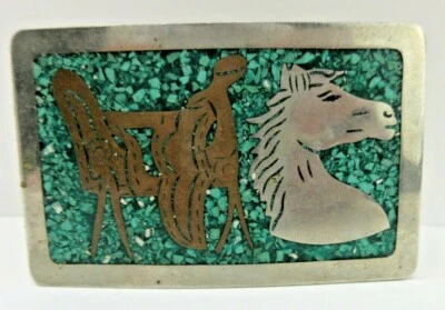 Hebilla de cinturón vintage de alpaca plateada para caballo y silla de montar con incrustación de turquesa Foto 1 de 4