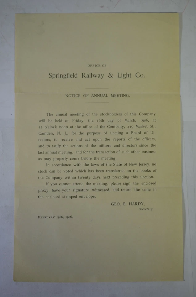 Springfield Railway & Light Co. Annual Meeting 1906 Notice [New Jersey] - Image 1 of 1