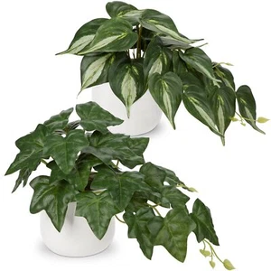 Fake Plants Set of 2 Artificial Plants Faux Ivy Pothos with White Ceramic Pot... - Picture 1 of 6