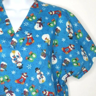 Blusa Médica Mediana Hecha a Mano Azul Muñeco de Nieve Medias Mitones 2 Bolsillos 44" Navidad Foto 1 de 4