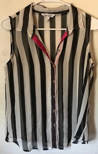 Speckless schwarz-weiß gestreifte Button Down transparente ärmellose Bluse Medium  - Bild 1 von 3