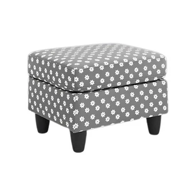 Gray Linen Upholstered Ottoman Foot Rest with Daisy Pattern Design - Image 1 of 4