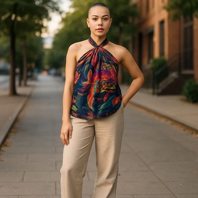 Trina Turk Menara плюс размер 2 X с бретелью через шею рубашка галстук назад верхний носовой платок кромки - Изображение 1 из 4