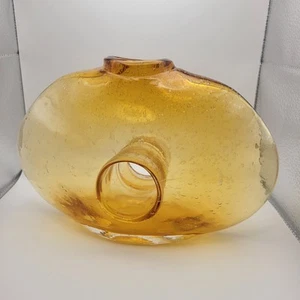 Vintage Funky gelb Bernstein mundgeblasen Glas Mittelloch ovale Vase 6,5"x10" - Bild 1 von 8