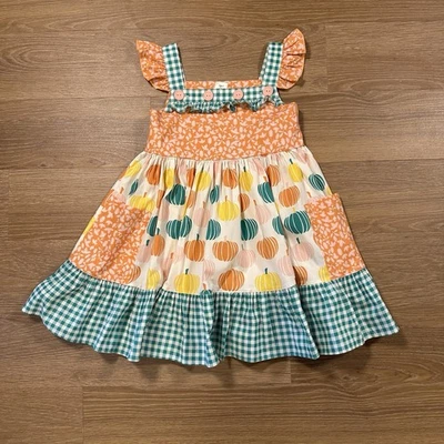 Vestido Eleanor Rose Niñas Talla 8 Parche Calabaza Otoño Guinga Volantes Boutique Foto 1 de 4