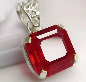 925 Solid Silver Pendant 30+CT Lab Grown Pigeons Blood Ruby Gemstone - Picture 1 of 5