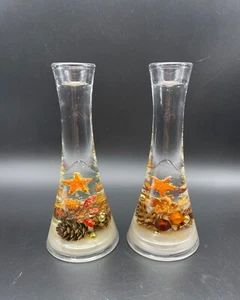 Set of 2 Traumlicht Glass Candle Holders Gold Red Orange Star Pinecones Germany - Picture 1 of 5