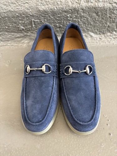 Mocassini slip on autentici Gucci da uomo Jordaan Horsebit blu scamosciati taglia 39EU