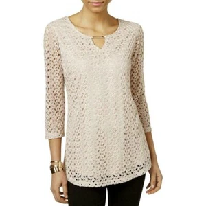 JM Collection Taupe Lace Overlay Embellished Tunic Top Petite Size PET/XL A4110 - Picture 1 of 8