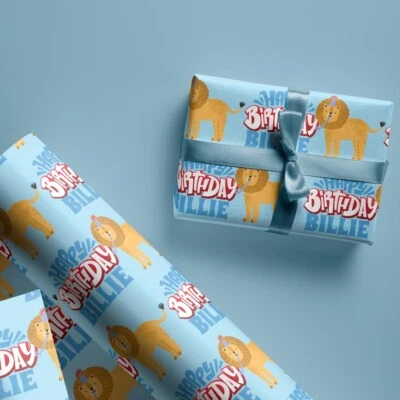 Happy Birthday Personalized Wrapping Paper Roll with Name Playful Lion Gift Wrap - Image 1 of 4