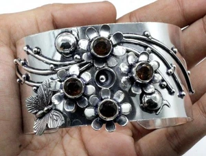 925 Sterling Silver Smoky Quartz Gemstone Handmade Jewelry Cuff Bracelet S-ADJ - Picture 1 of 7
