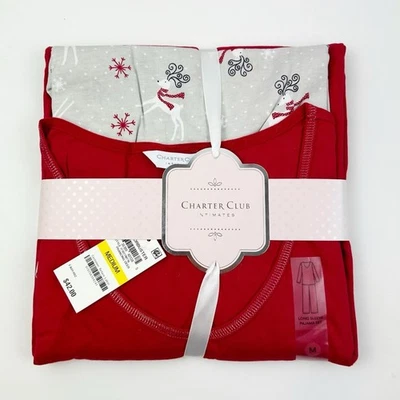 Conjunto de pijama de algodón estampado Charter Club Holiday rojo/gris reno talla mediana Foto 1 de 2