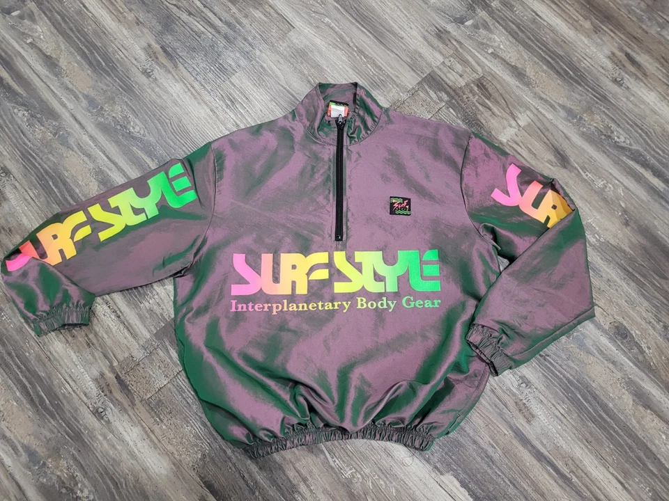 Surf Style Windbreaker Mens Small Pullover 1/4 Zip Metallic Gray Retro. - Image 1 of 4