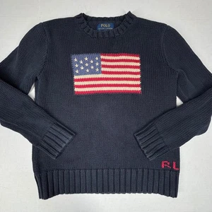 VTG Polo Ralph Lauren Navy Blue US Flag Cotton Knit Sweater Youth Medium EUC - Picture 1 of 8