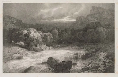 A. CALAME (1810-1864), Gebirgsfluss in Alpenlandschaft,  1850, Lithographie - Bild 1 von 4