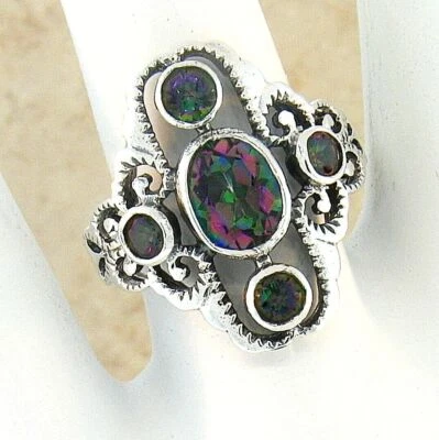 ANEL FILIGRANA ESTILO ANTIGO ARCO-ÍRIS QUARTZO MÍSTICO PRATA ESTERLINA 925 #259 - Imagem 1 de 4