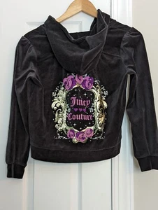 Juicy Couture Girls 90s Y2K Trendy Black Velour Hoodie Size 14 1/2 - Picture 1 of 7