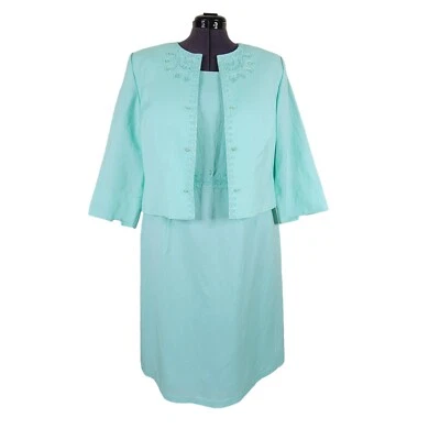 Traje de Vestido Jessica Howard Talla 14W Verde Mezcla de Lino Hendidura Pulsera Puño Chaqueta Foto 1 de 4