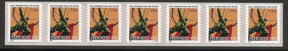 US Scott 3770 (10c) Atlas Statue PNC strip of 7, plate number V11111 - Image 1 of 1