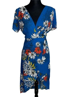 Vestido midi Everly azul floral envolvente de imitación manga corta dobladillo alto bajo talla XS Foto 1 de 4