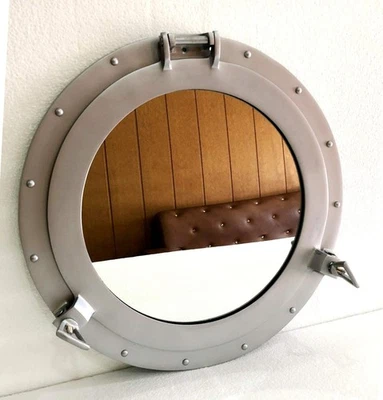 Vintage 17" Porthole Round Coastal Wall Hanging Silver Powder Coated Mirror - Image 1 of 4