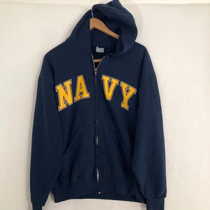 Vtg Soffe Navy Hoodie Jacket Adult Size L Full Zip Sweater Spellout - Picture 1 of 10