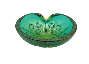 Cuenco punteado ámbar verde Somerso de cristal artístico de Murano vintage - Imagen 1 de 12