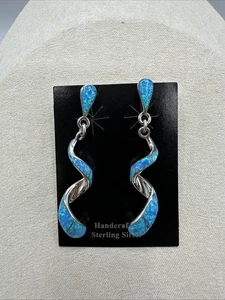Native American Sterling Jewelry Earrings Curly Que Style Blue Opal Stones 2” - Picture 1 of 4