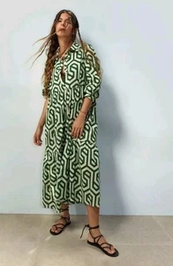 Zara Geometric Print Karen Midi Flowy Shirt Dress Green Size XXL UK 16 18 BNWOT - Picture 1 of 9
