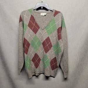 Vtg Pringle of Scotland Sweater Mens XL Green Maroon Argyle Geometric Lambswool - Picture 1 of 6