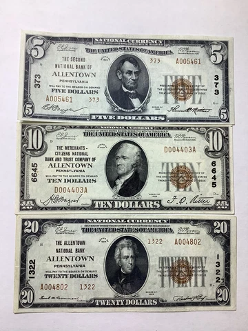 1929 SERIES LOT OF (3) ALLENTOWN PA NATIONAL BANKS NOTES~$5~$10~$20 CURRENCY Cover